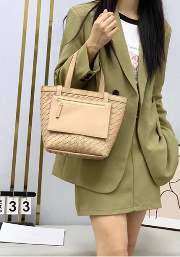 Mia Woven Leather Flip Flap Tote Beige