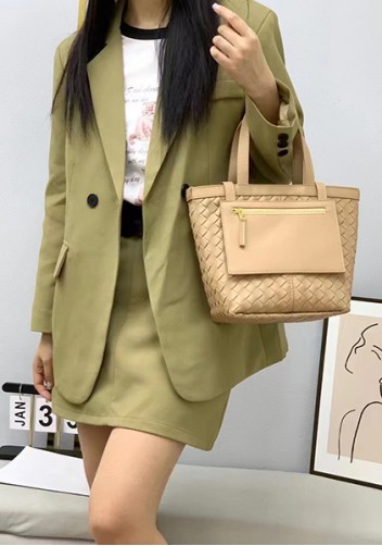Mia Woven Leather Flip Flap Tote Beige