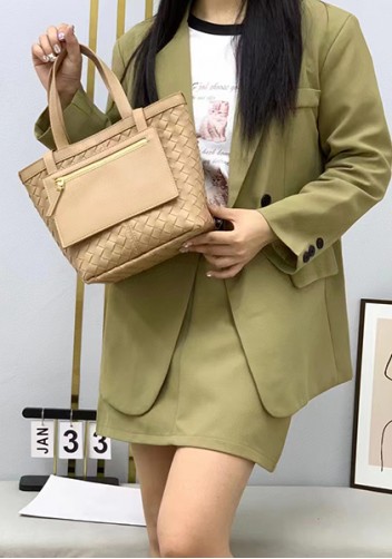 Mia Woven Leather Flip Flap Tote Beige