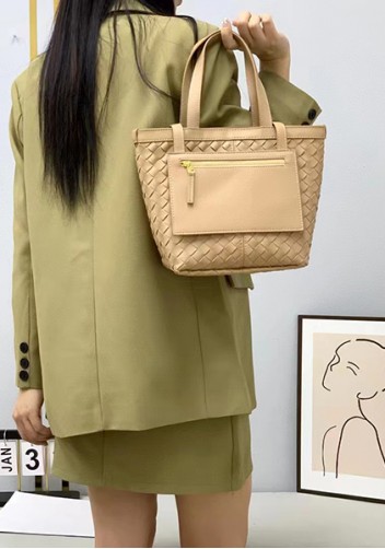 Mia Woven Leather Flip Flap Tote Beige