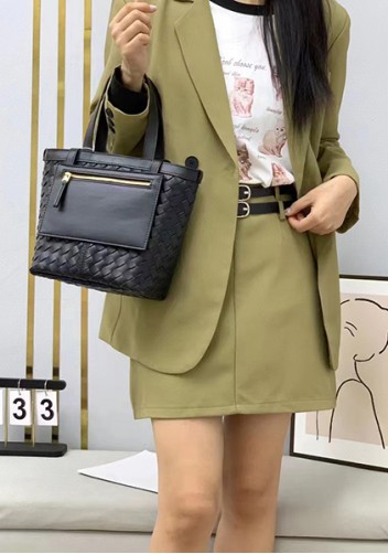 Mia Woven Leather Flip Flap Tote Black