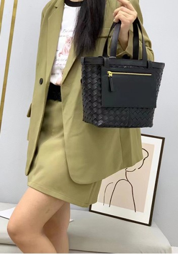 Mia Woven Leather Flip Flap Tote Black