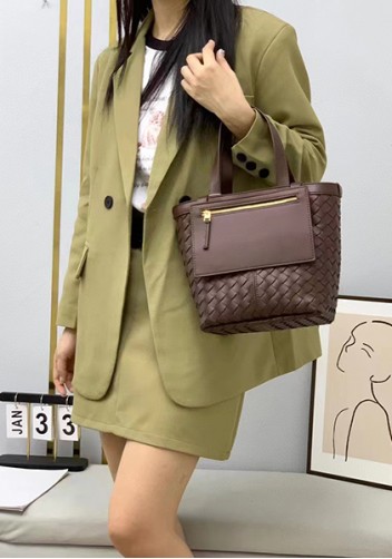 Mia Woven Leather Flip Flap Tote Choco