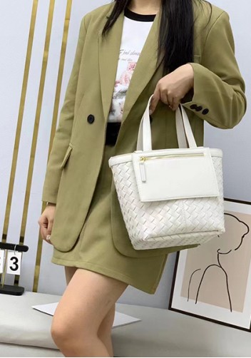 Mia Woven Leather Flip Flap Tote Cream