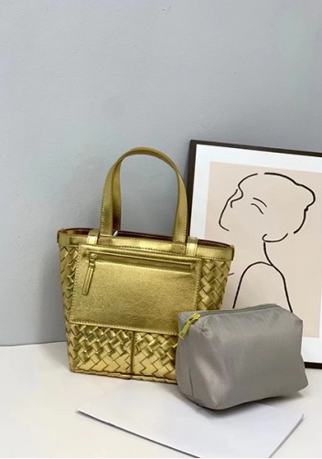 Mia Woven Leather Flip Flap Tote Gold