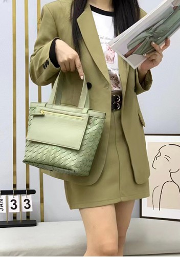 Mia Woven Leather Flip Flap Tote Green