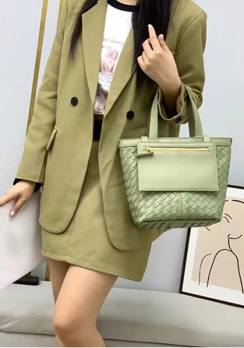 Mia Woven Leather Flip Flap Tote Green