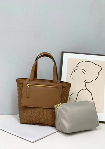 Mia Woven Leather Flip Flap Tote Milk Tea