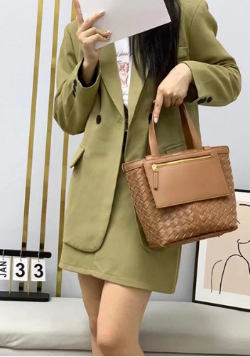 Mia Woven Leather Flip Flap Tote Milk Tea