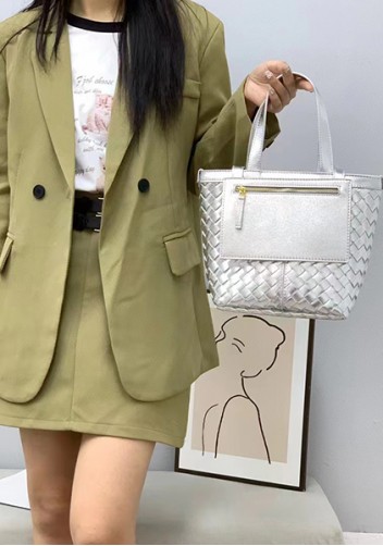 Mia Woven Leather Flip Flap Tote Silver