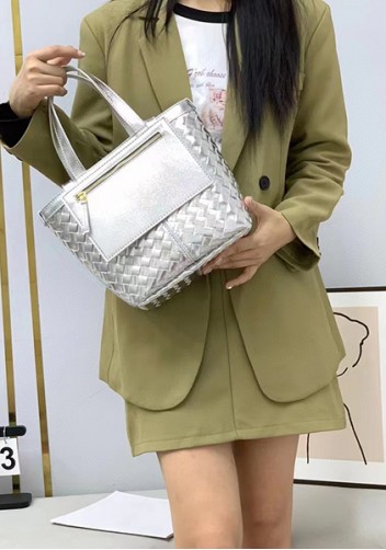 Mia Woven Leather Flip Flap Tote Silver