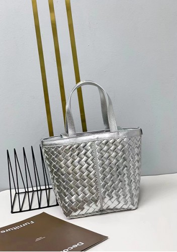 Mia Woven Leather Flip Flap Tote Silver