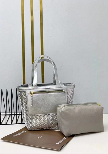Mia Woven Leather Flip Flap Tote Silver