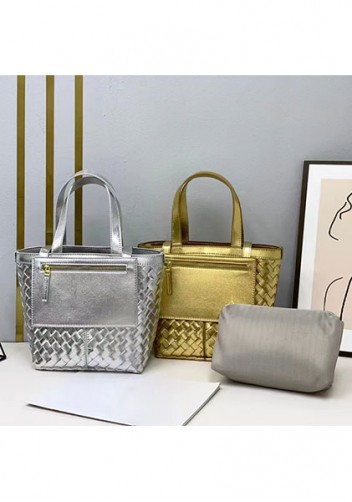 Mia Woven Leather Flip Flap Tote Silver