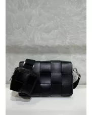 Mia Woven Leather Shoulder Bag With Cube Black