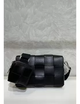 Mia Woven Leather Shoulder Bag With Cube Black