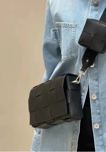 Mia Woven Leather Shoulder Bag With Cube Black
