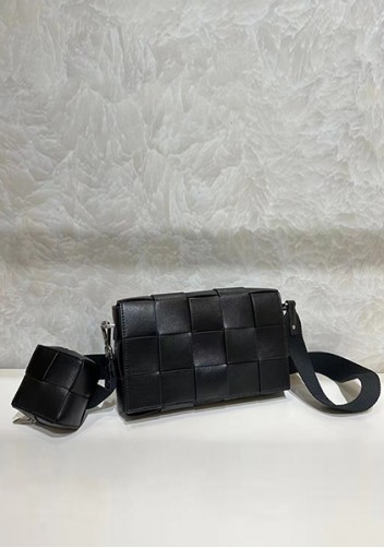 Mia Woven Leather Shoulder Bag With Cube Black