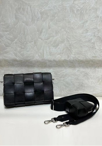 Mia Woven Leather Shoulder Bag With Cube Black
