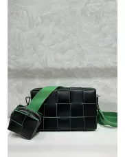 Mia Woven Leather Shoulder Bag With Cube Black Green