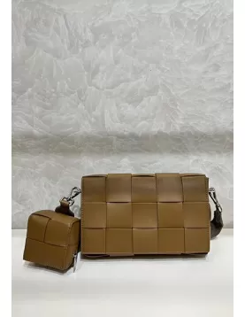 Mia Woven Leather Shoulder Bag With Cube Camel