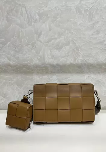 Mia Woven Leather Shoulder Bag With Cube Camel