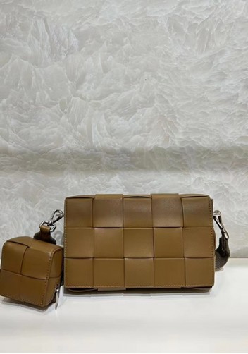Mia Woven Leather Shoulder Bag With Cube Camel