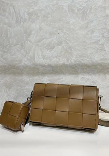 Mia Woven Leather Shoulder Bag With Cube Camel