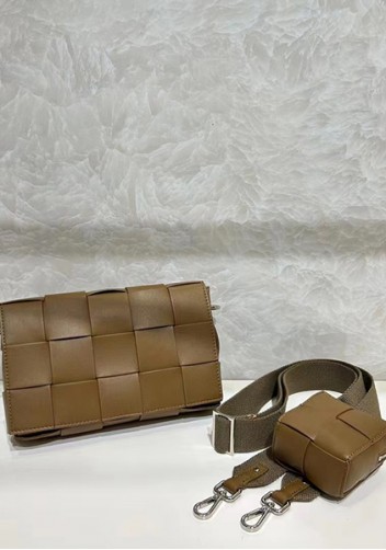 Mia Woven Leather Shoulder Bag With Cube Camel