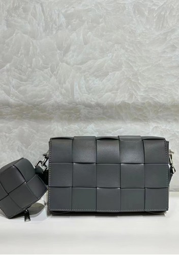 Mia Woven Leather Shoulder Bag With Cube Grey