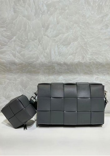 Mia Woven Leather Shoulder Bag With Cube Grey