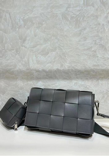 Mia Woven Leather Shoulder Bag With Cube Grey