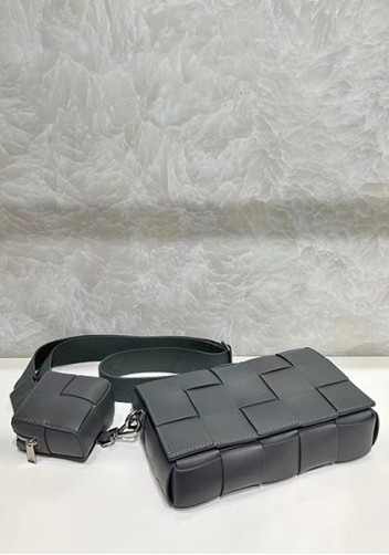 Mia Woven Leather Shoulder Bag With Cube Grey