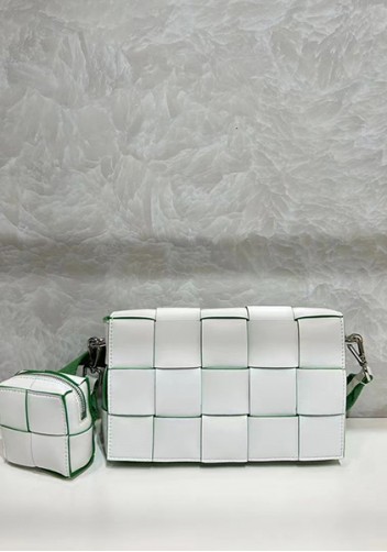 Mia Woven Leather Shoulder Bag With Cube White Green