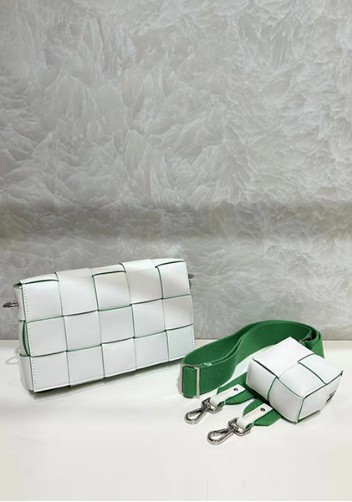 Mia Woven Leather Shoulder Bag With Cube White Green