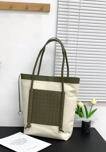 Mia Woven Leather Canvas Vertical Tote Green
