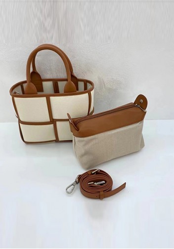 Mia Woven Canvas 4 Squares Tote Camel