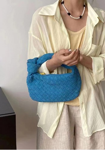 Dina Small Knotted Intrecciato Vegan Leather Tote Suede Blue