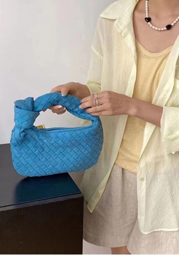 Dina Small Knotted Intrecciato Vegan Leather Tote Suede Blue