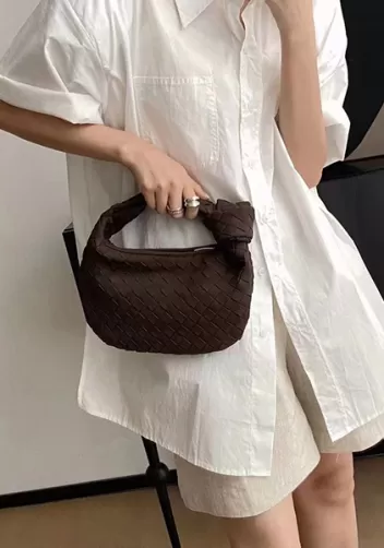 Dina Small Knotted Intrecciato Vegan Leather Tote Suede Choco