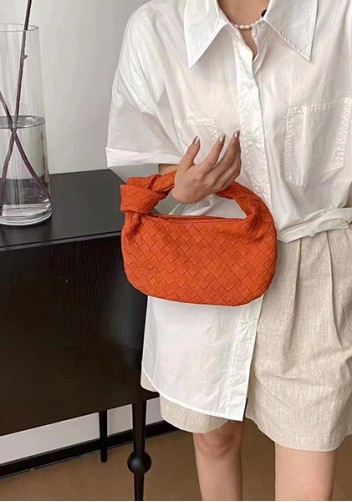 Dina Small Knotted Intrecciato Vegan Leather Tote Suede Orange