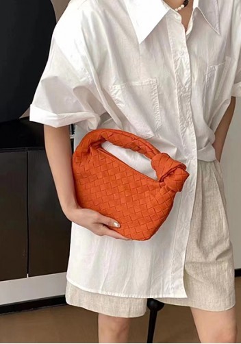 Dina Small Knotted Intrecciato Vegan Leather Tote Suede Orange