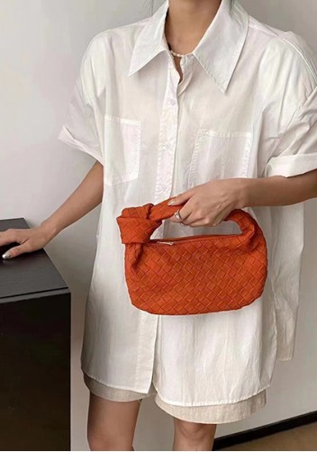 Dina Small Knotted Intrecciato Vegan Leather Tote Suede Orange