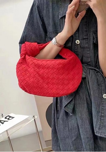 Dina Small Knotted Intrecciato Vegan Leather Tote Suede Red