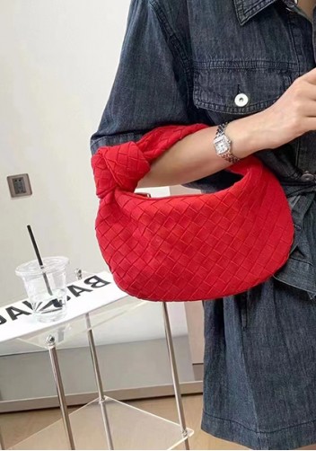 Dina Small Knotted Intrecciato Vegan Leather Tote Suede Red