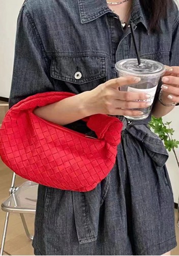 Dina Small Knotted Intrecciato Vegan Leather Tote Suede Red