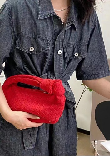 Dina Small Knotted Intrecciato Vegan Leather Tote Suede Red