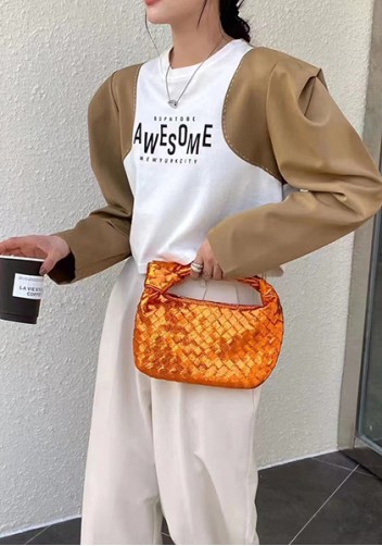 Dina Small Knotted Intrecciato Vegan Leather Tote Metallic Orange