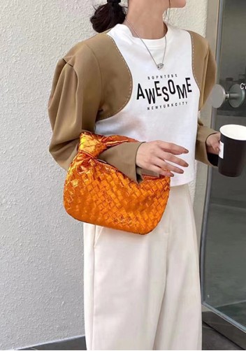 Dina Small Knotted Intrecciato Vegan Leather Tote Metallic Orange
