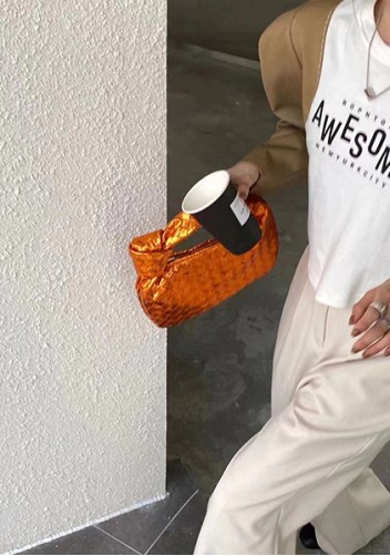 Dina Small Knotted Intrecciato Vegan Leather Tote Metallic Orange